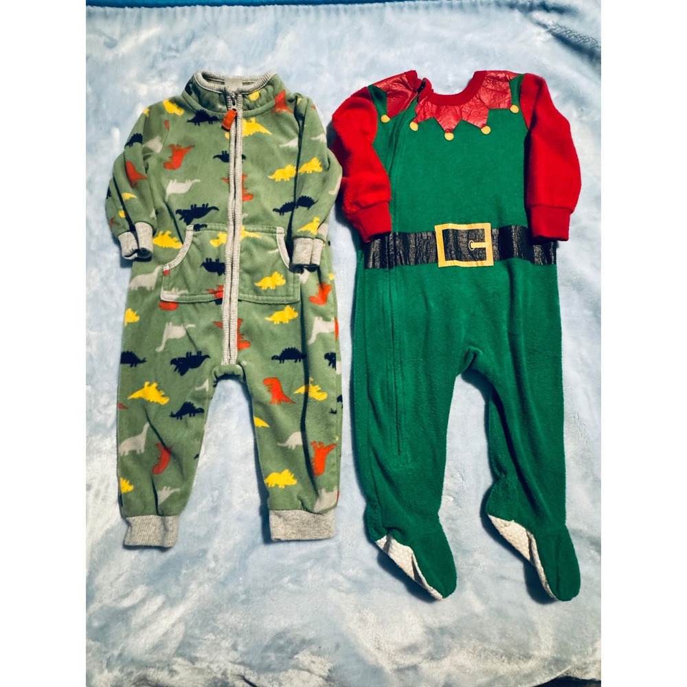 Carters Dinosaur Fleece Sleeper & Holiday FamJams Elf Footie Pajamas Lot 9-12M